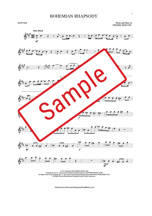 Bohemian Rhapsody Alto Sax Sheet Music in A