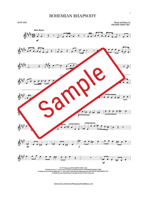 Bohemian Rhapsody Alto Sax Sheet Music in E