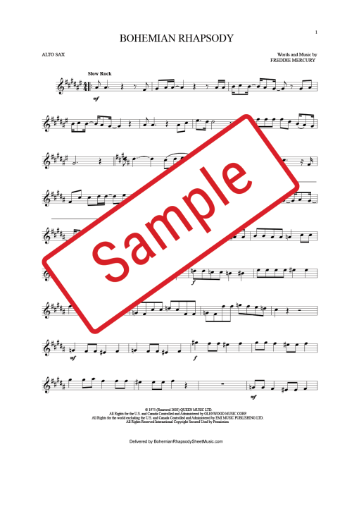 Bohemian Rhapsody Alto Sax Sheet Music in F#