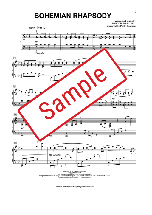 Queen Bohemian Rhapsody Piano Sheet Music in Bb Major